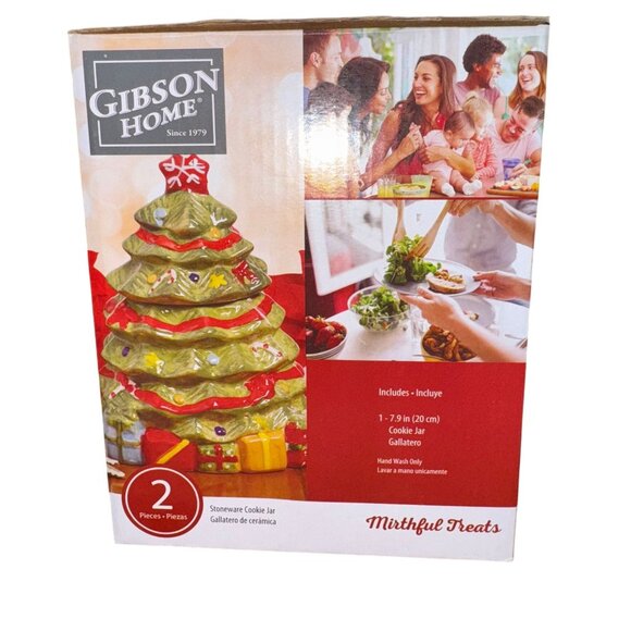 NEW Gibson Home MIRTHFUL TREATS Stoneware Cookie JAR 2 Pieces Christmas Tree NIB - Picture 2 of 5